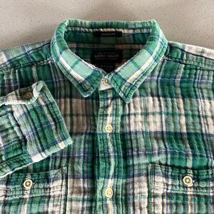 Lucky Brand Green Plaid Veryical Textured Flannel Shirt Button Front Mens Large